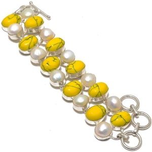 Yellow Turquoise and Biwa Pearl Toggle Closure Bracelet